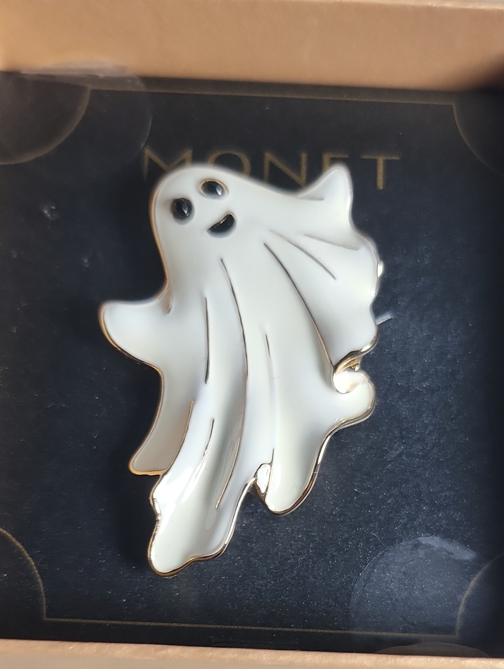 Monet Signed Halloween Ghost Brooch Gold Tone & White Enamel Spooky